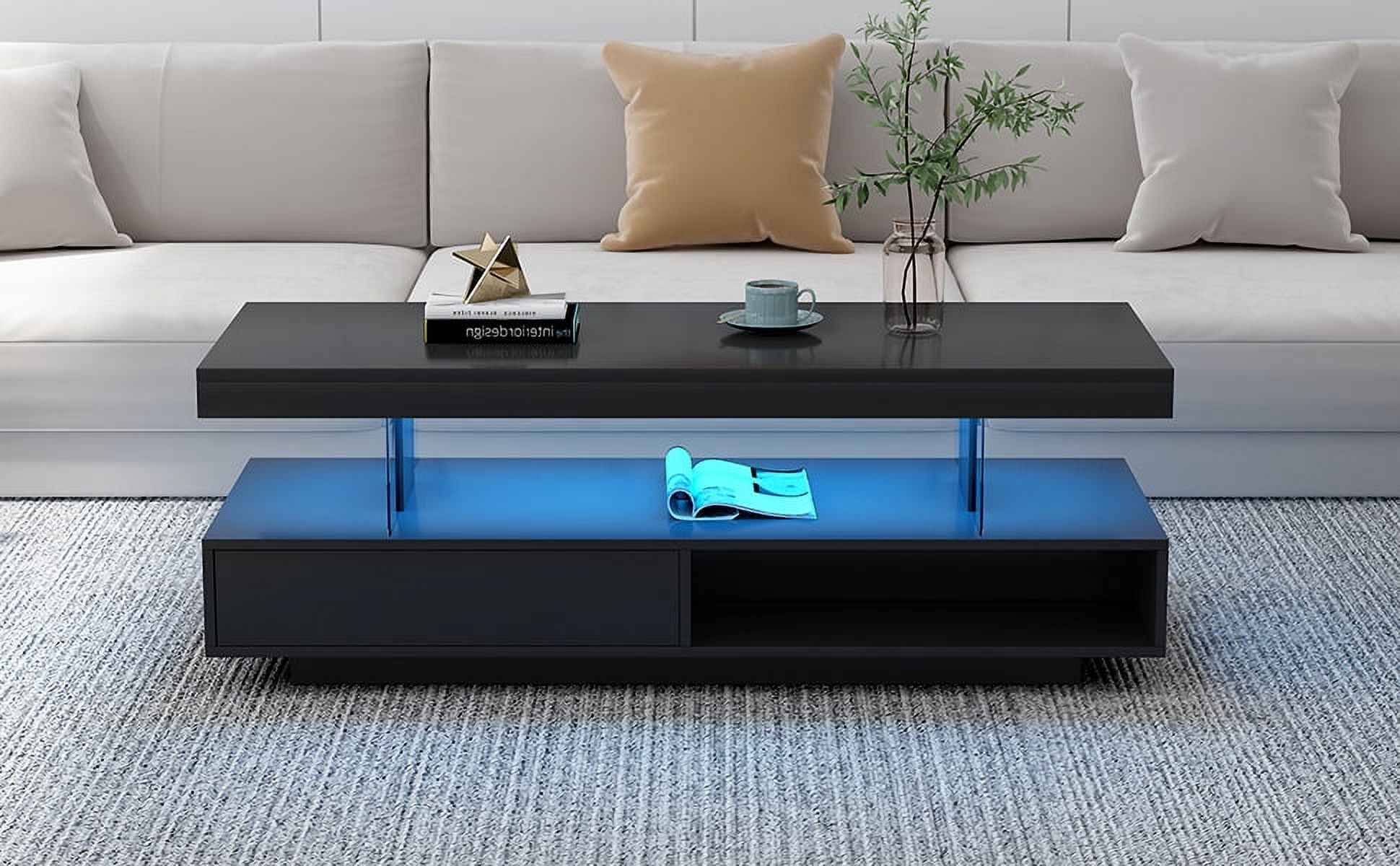 Euroco LED Coffee Table with Storage and Display Shelves, Modern Black Center Table with 2 Drawers and 16-Color LED Lights for Living Room