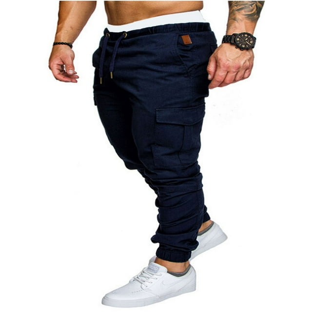Men‘s Cargo Pants Slim Fit Sweatpants Jogger Drawstring Elastic Outdoor Trousers with Pockets Navy blue XL