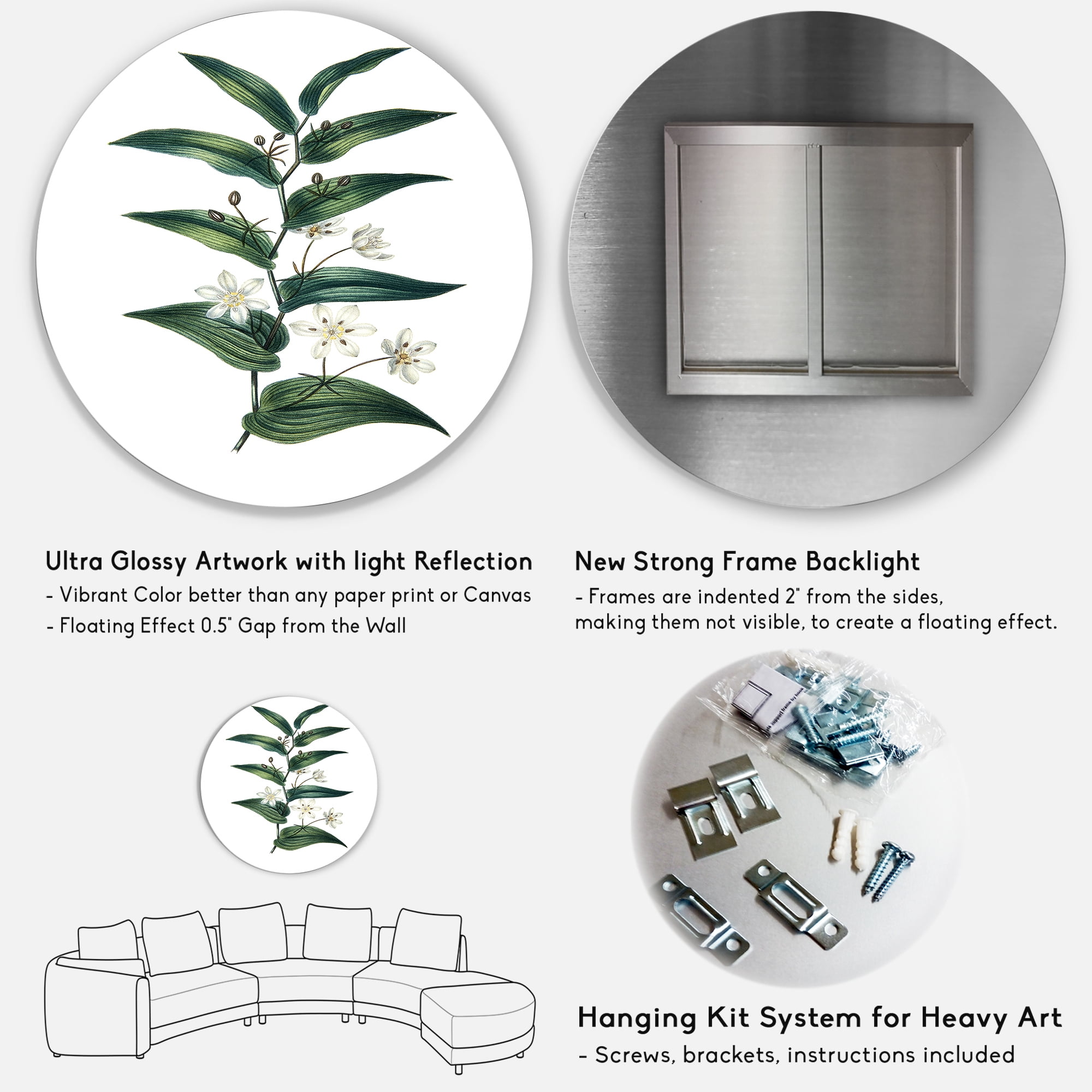 Designart 'Little White Flowers With Ancient Plant' Farmhouse Circle Metal Wall Art 36x36 - Disc of 36