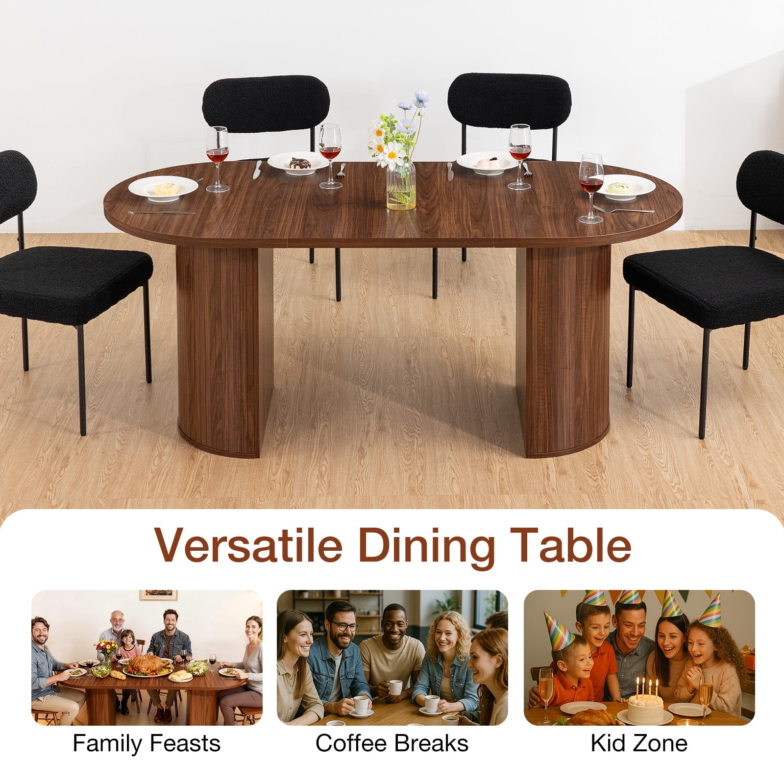 Hommpa 71" Dining Table for 6,Modern Oval Kitchen Table With Wood Strip Base,Long Dining Room Tables for Kitchen Dining Room Living Room,Walnut