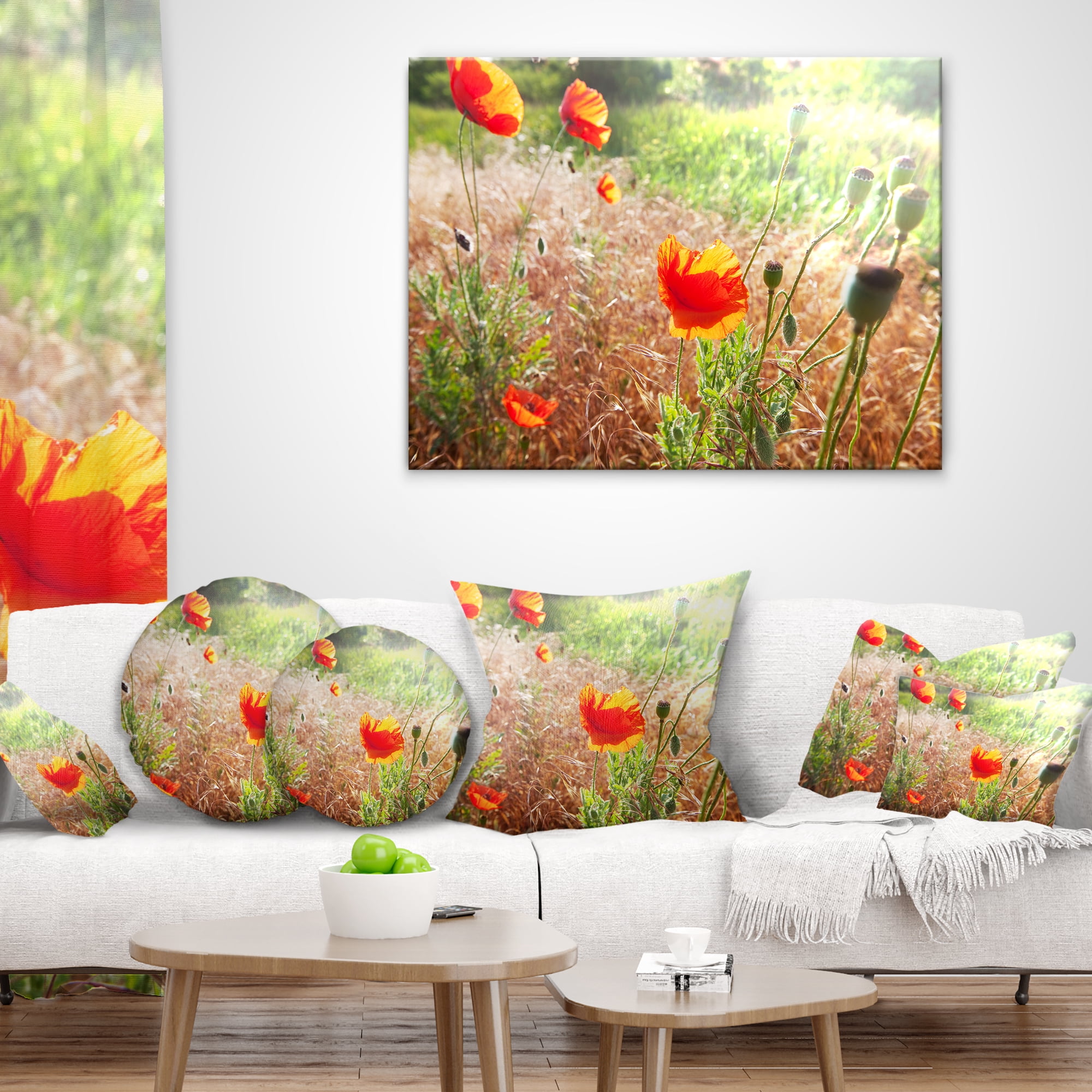 Designart Beautiful Morning View of Poppies - Floral Throw Pillow - 18x18