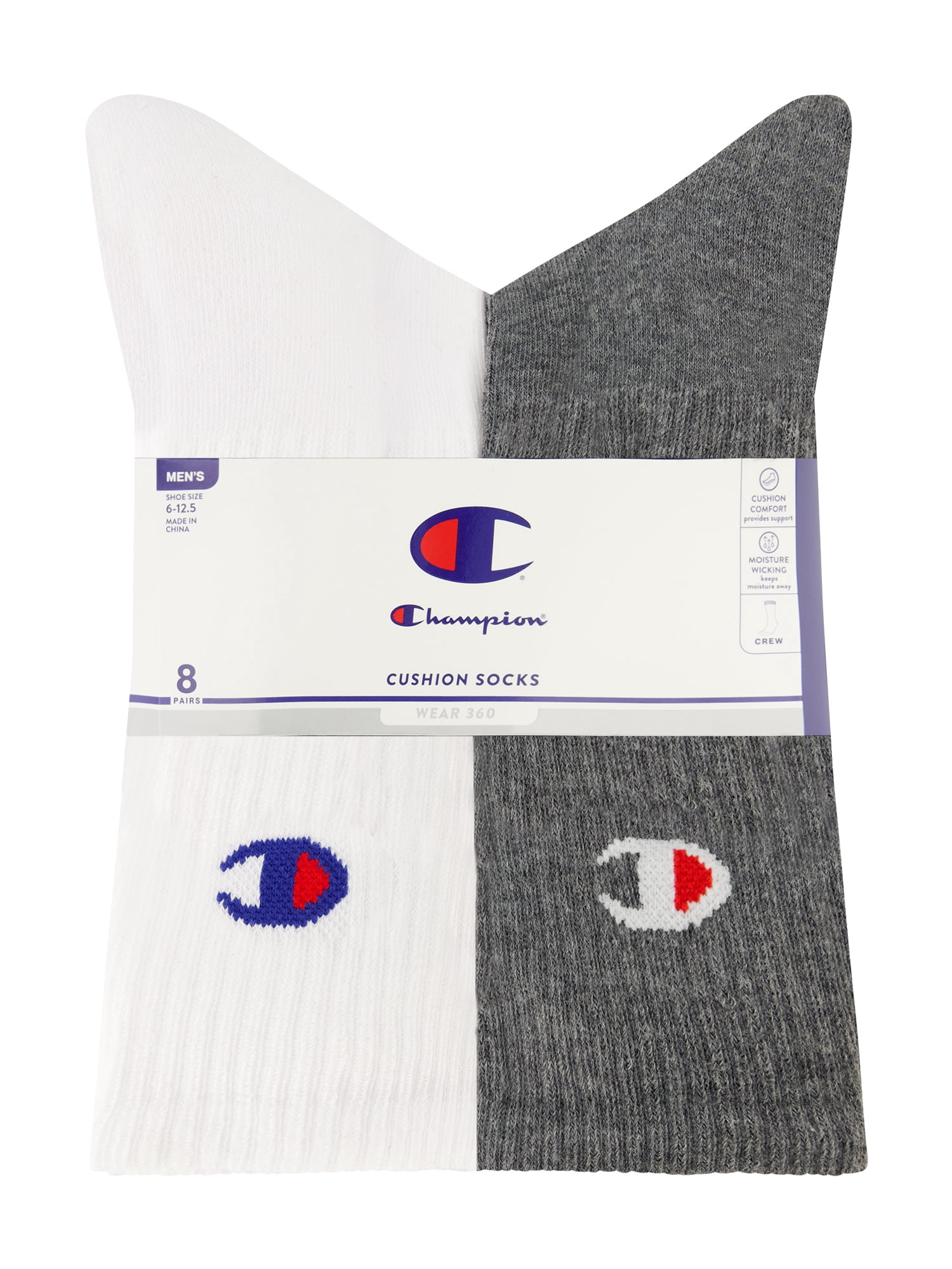 Champion Men’s Crew Socks 8 Pack – Half Terry Cushion, Moisture-Wicking, Arch Support, Reinforced Toe & Heel, Sizes 6–12.5