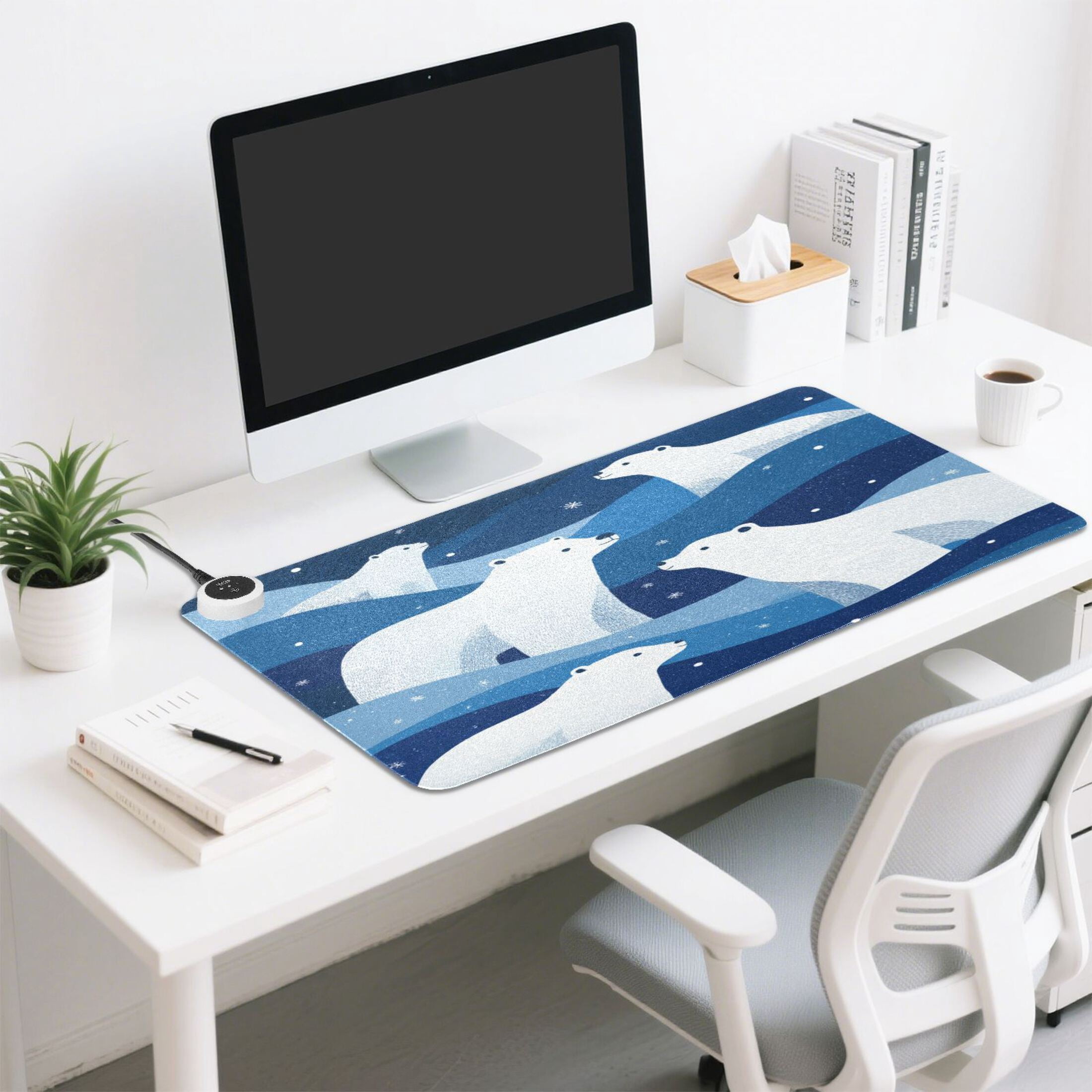 Large Heated Desk Mat Mouse Pad 31.5"x13"PU Leather Graphene Heating Desk Warmer with 3 Temperature Settings 110V US Plug Non-Slip Warm Pad for Home, Office, and Gaming Arctic Night Bear Art