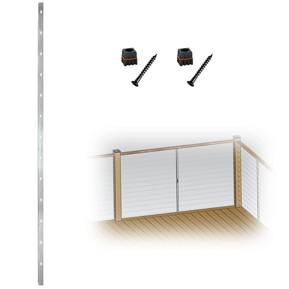 Myard Square Aluminum Pre-Drilled Intermediate Picket Post with Connectors for 1/8" Level Cable Railings, Length 42" with 13 through Elongated Holes (42", Silver, 1-Pack)