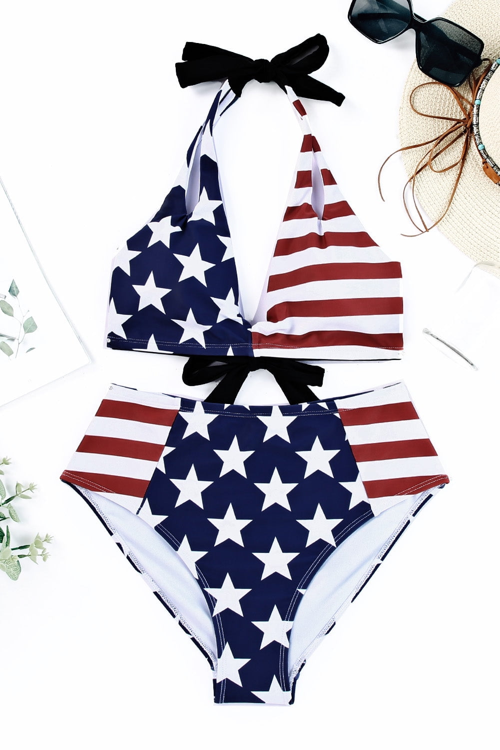 Stars Stripes American Flag Pattern Patchwork Swimsuit Bikini