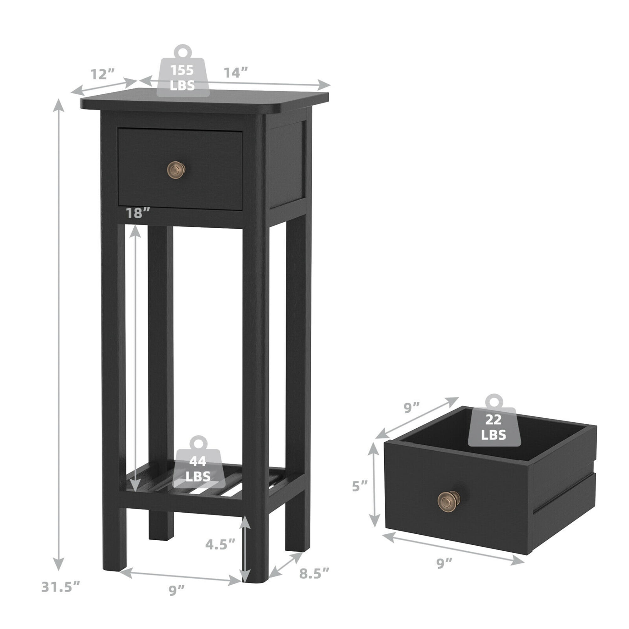 Gymax Acacia Wood Side Table with Drawer, Black