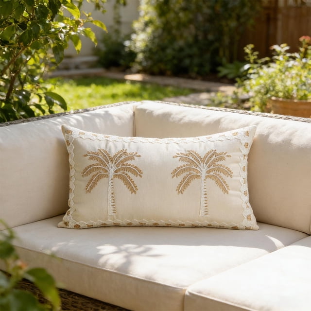 Funda de almohada bordada con palmeras para cojín de sofá de patio exterior – Funda de respaldo de algodón y lino para banco o silla de jardín.