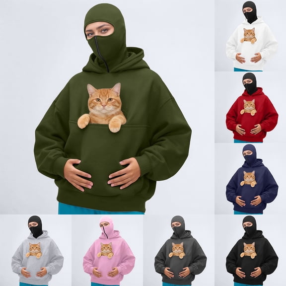 Pet Pouch Masked Travel Hoodie for Women with Built in Balaclava Double Layer Sweatshirt Kangaroo Pocket Cat Dog Carrier Pullover