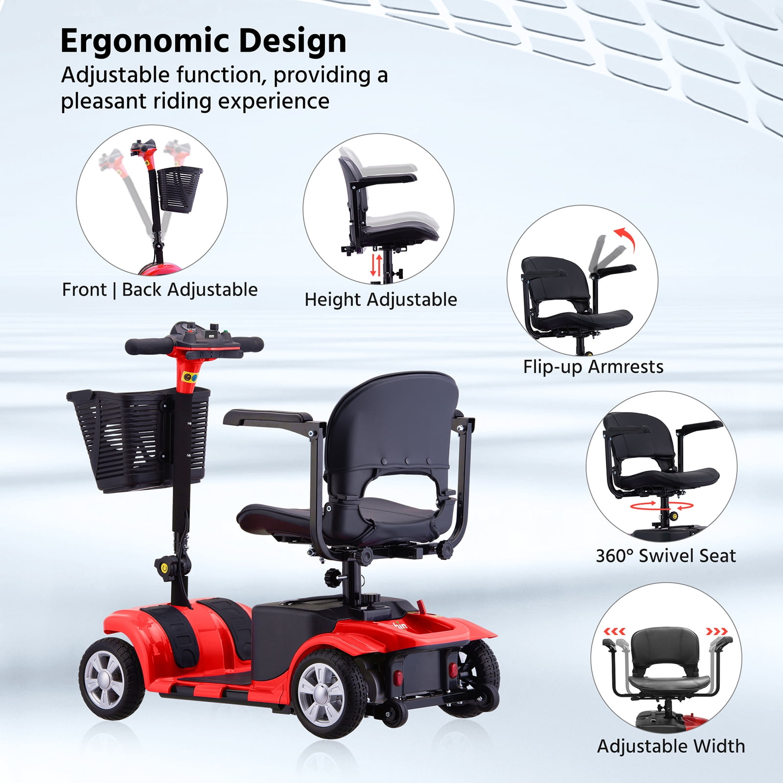 Arshin Upgrade 4 Wheels Mobility Scooters for Seniors & Adult,All Terrain Motorized Scooters with 300 lbs,Red