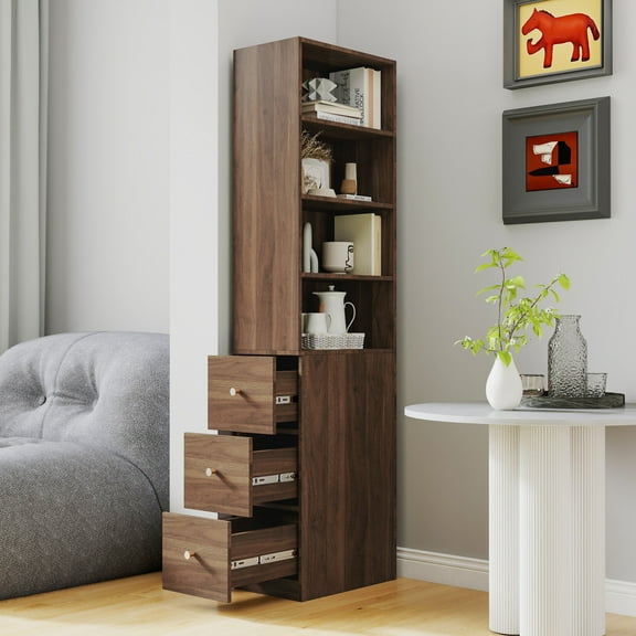 70" Display Storage Cabinet with 3 Drawers, 4-Tier Morden Bookshelf with Open Shelf, Narrow Wooden Tall Bookcase for Living Room, Bedroom, Office, Walnut