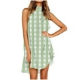 thumbnail image 2 of WIZUTIZ Sundresses for Women Flowy Relaxed Fit Hanging Neck Knee-Length Plaid Shift Dress Round Neck Sleeveless Vacation Dress for Womens High-Low Pleated Leisure Staying at Home Dress Green, 2 of 5