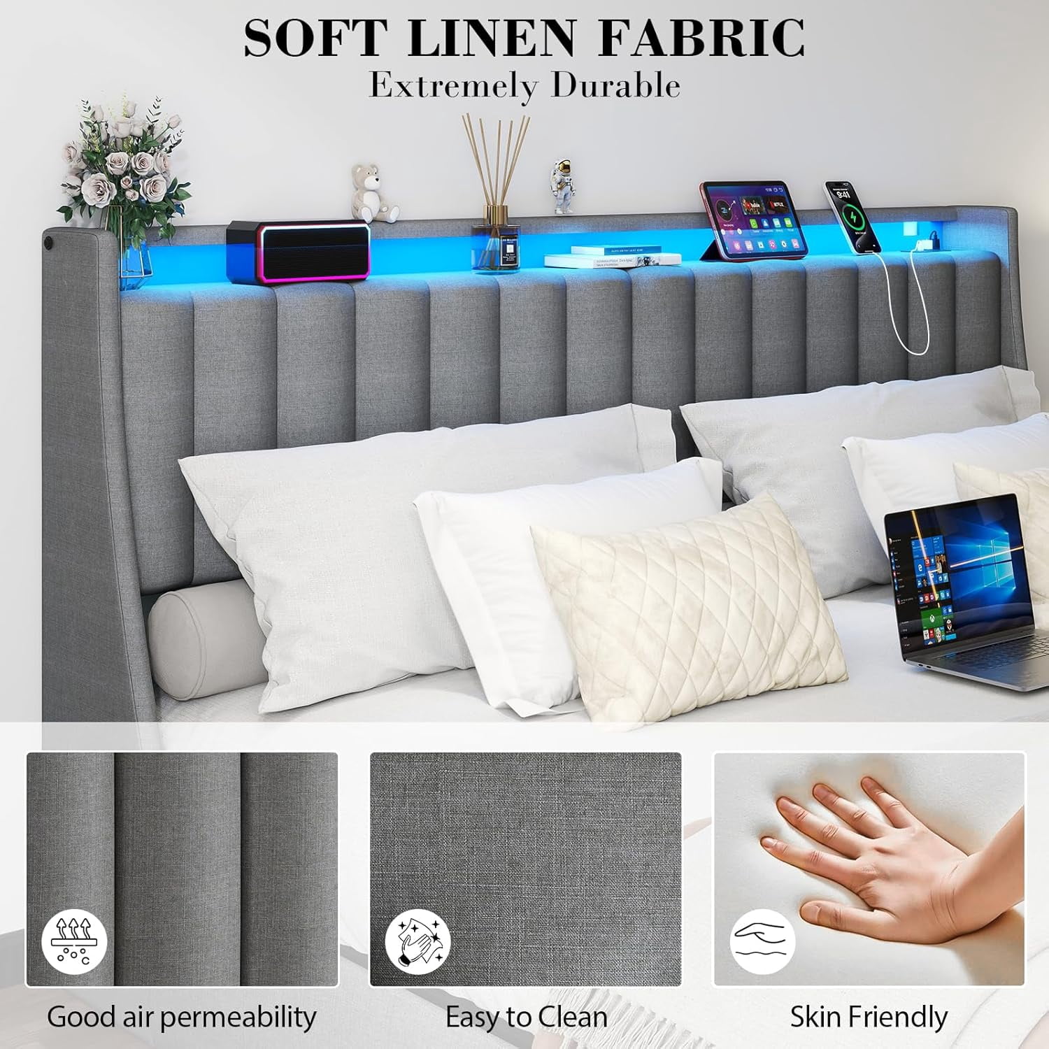 DRNANLIT Queen Bed Frame with 2 Storage Drawers, Platform Bed Frame Queen Size with LED Light, Upholstered Headboard, Charging Station, Steel Slat Support, No Box Spring Needed,Gray