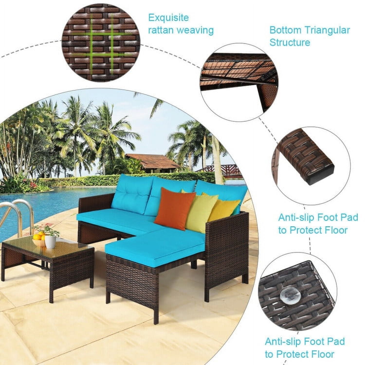 Aimee Lii 3 Pieces Patio Wicker Rattan Sofa Set, Wicker Patio Couch, Outdoor Balcony Furniture, Turquoise Aimee Lii 3 Pieces Patio Wicker Rattan Sofa Set, Wicker Patio Couch, Outdoor Balcony Furniture, Turquoise