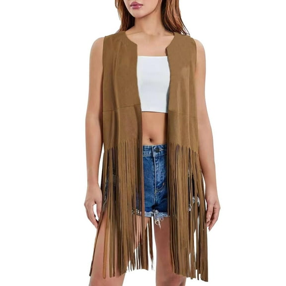 Kaemgyyd Women's Fringe Vest 70s Vintage Sleeveless Coat Loose Fashion Open Front Cardigan Tassel Outerwear
