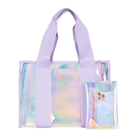 26L Large Beach Tote Bag for Women |17x12x8" Sandproof & Waterproof Beach Bag w/ Phone Pouch Tip-Proof & Jacquard Strap| Iridescent Clear Tote Bag for Beach Pool Travel Cruise Boat Bag