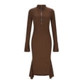 thumbnail image 3 of Ohufall Womens Long Bodycon Dresses Trendy Long Bell Sleeve Knit Dress Zip Turn-down Collar Midi Dresses, 3 of 5
