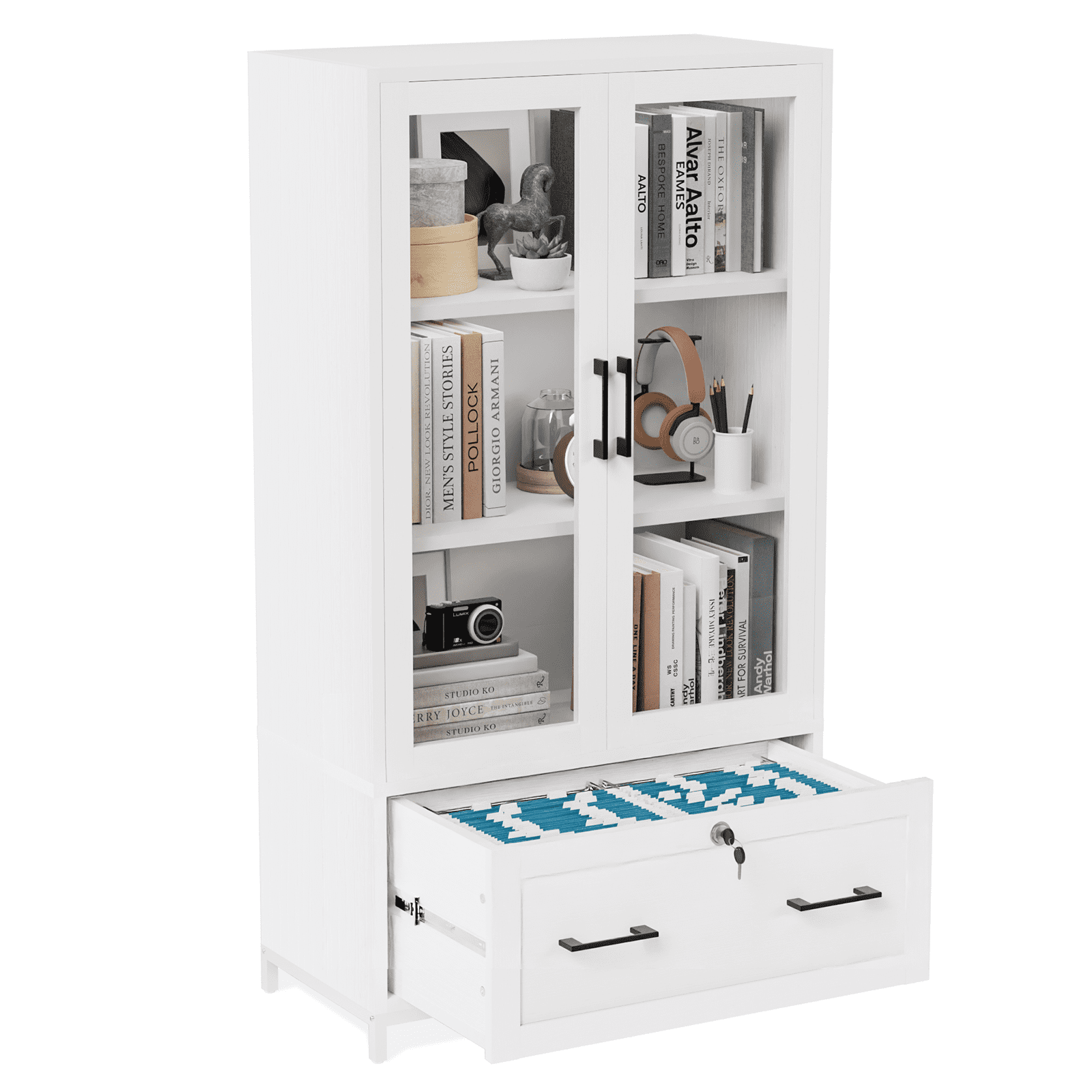 GoDecor 4 Tier Modern File Cabinet Bookcase with Letter+Legal Size Drawer, Glass Door Bookshelf Storage with Adjustable Shelves, White