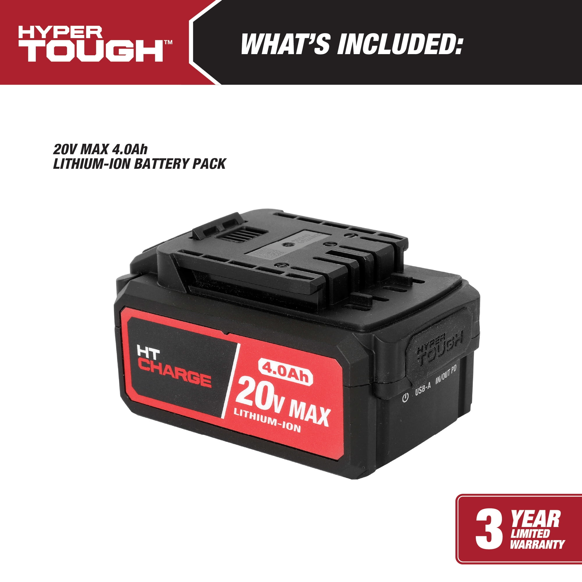 Hyper Tough 20-Volt Max Lithium-Ion 4.0Ah Battery Pack with USB-a and USB-c Ports