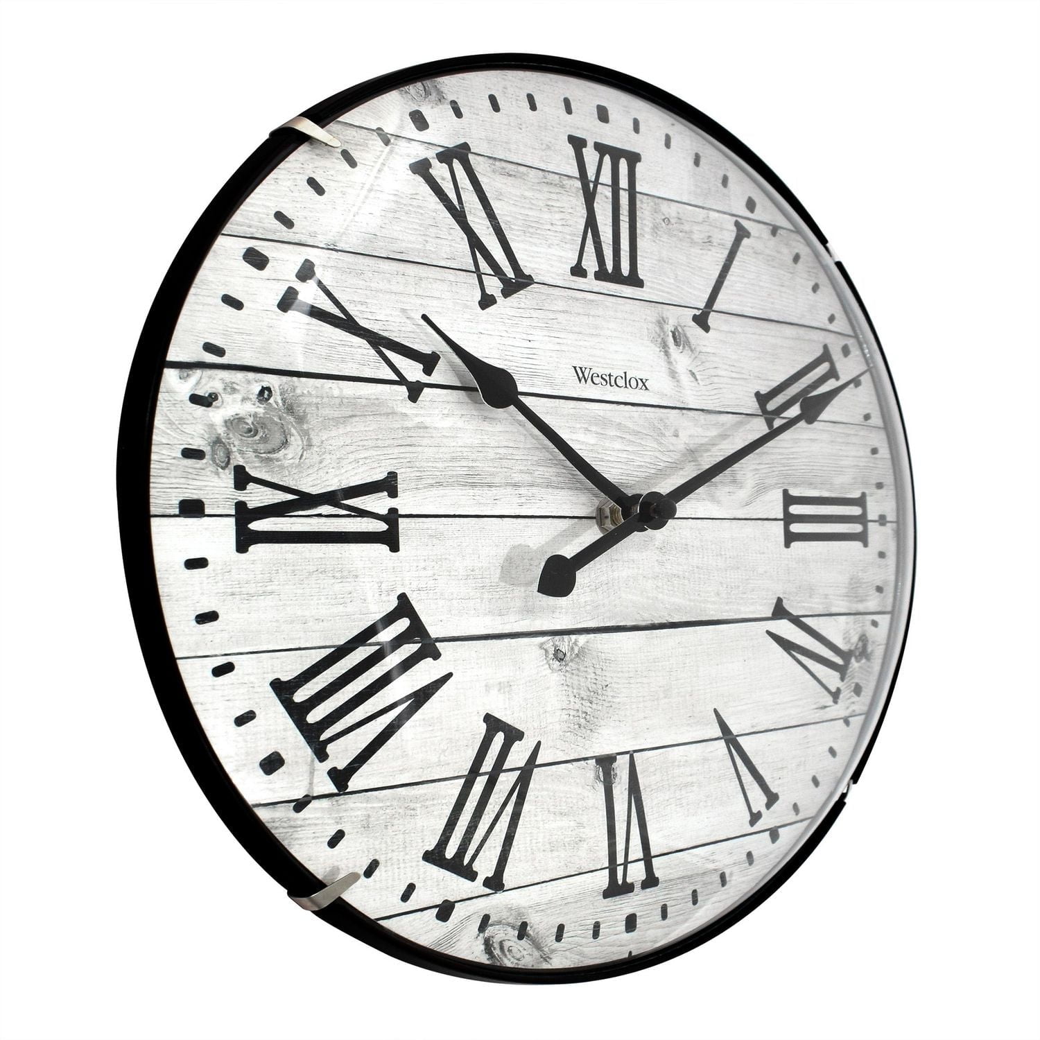Westclox Large White Wash Woodgrain  Wall clock with Roman Numerals and Domed Glass