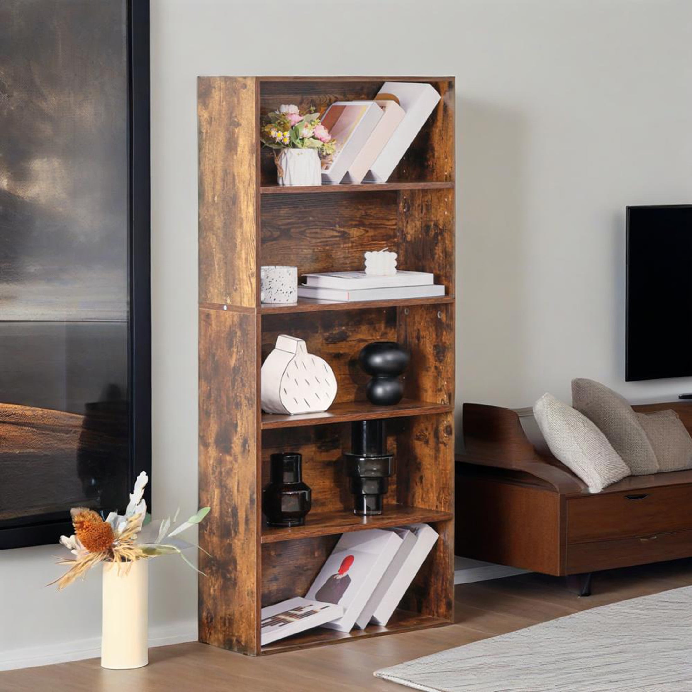 CONCETTA 5 Shelf Bookcase, 53 Inch Tall Floor Standing Open Bookshelf for Home Office and Living Room, Classic Rust