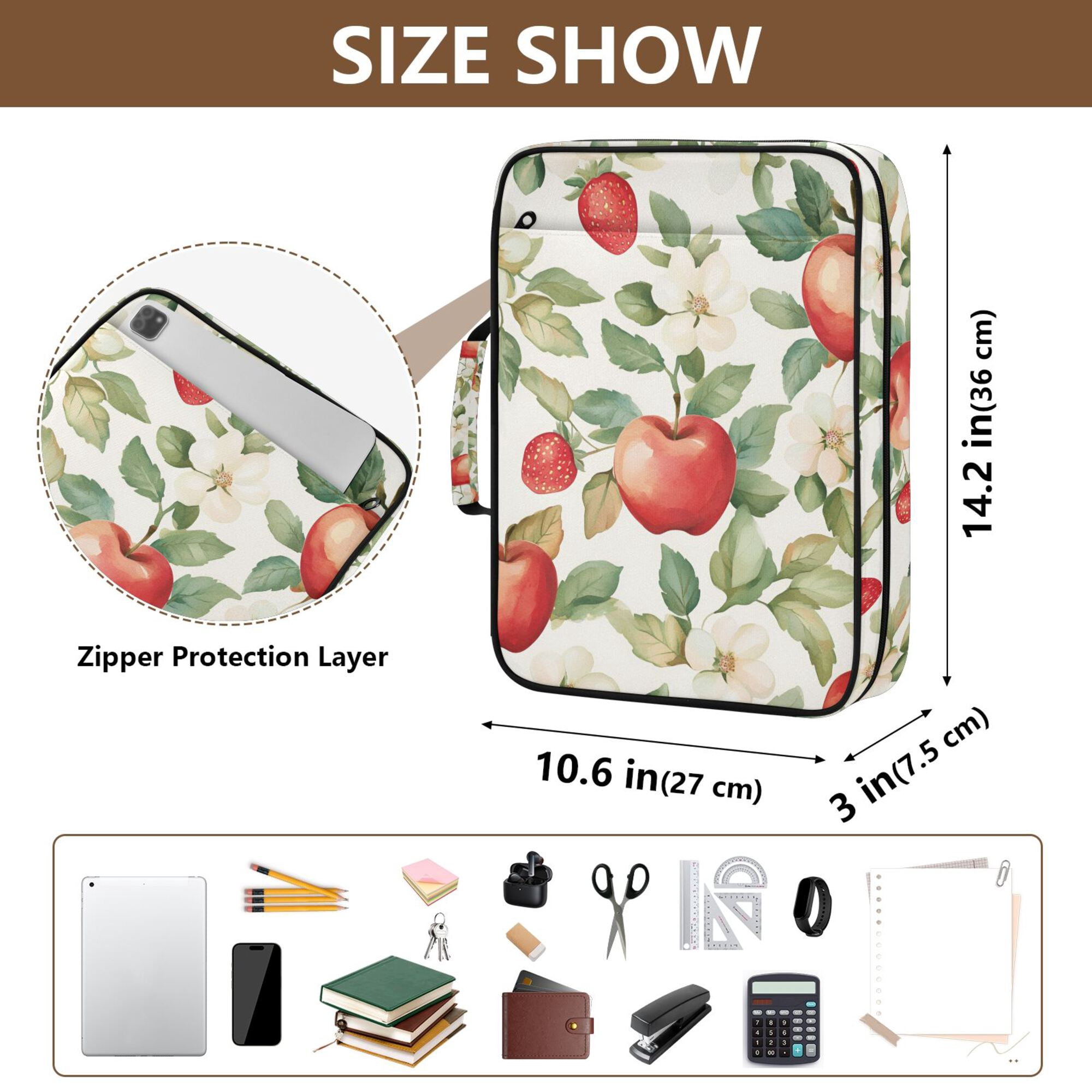 FORMRS Accordion File Folder A4 Size 7-Pocket Expanding Document Organizer Bag with 3 Ring Binder, Beige Apple Pattern