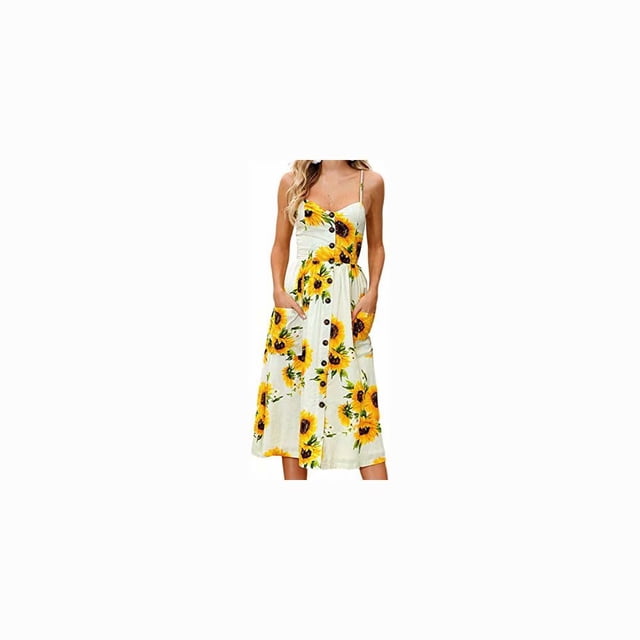 Women's Dresses Summer Floral Backless Spaghetti Strap Button Down Midi Dress with Pockets, L, Am071-01