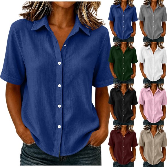 Women's Loose Fit Short Sleeve Button Up Flared Front Back Pleats Shirt Blouse Top Comfy Office Casual | CSEONE,Army Green L