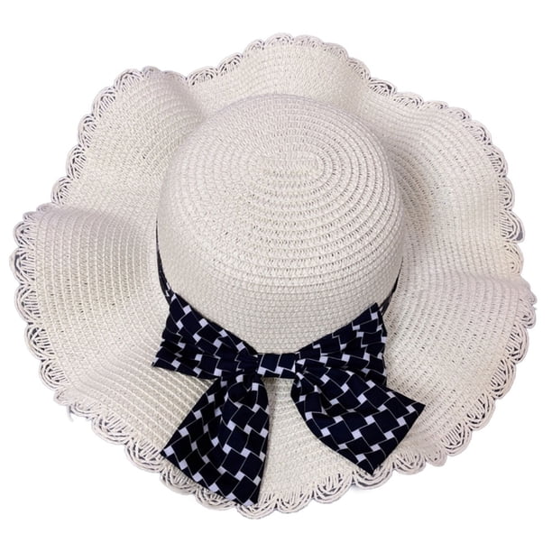 Sombrero de ala grande para mujer, con borde ondulado y lazo, de 56 a 58 cm de circunferencia, para playa, para verano, protector solar, sombrero de paja