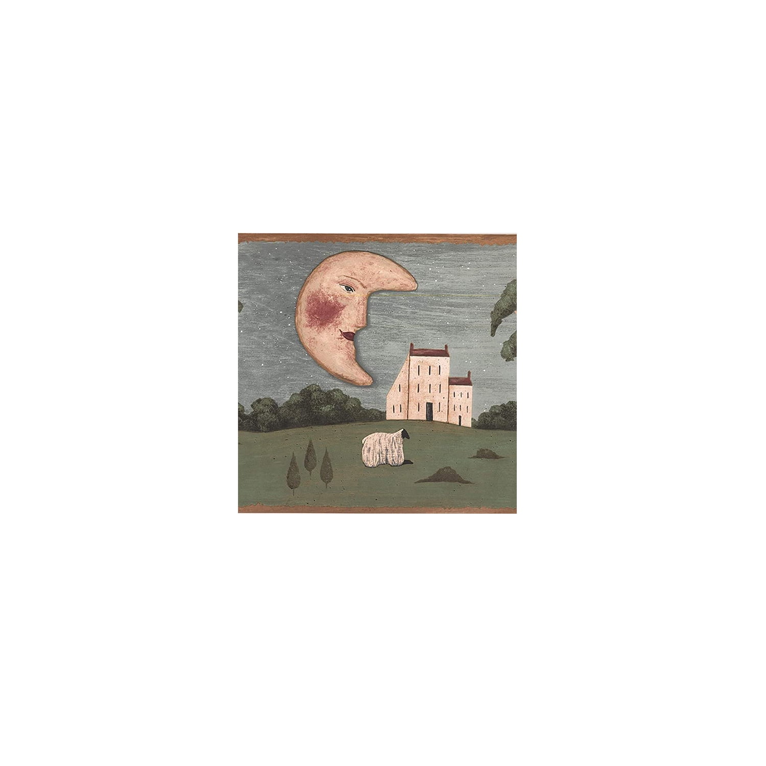 Classic Wallpaper Border Featuring Sky Painting Moon Stars Village