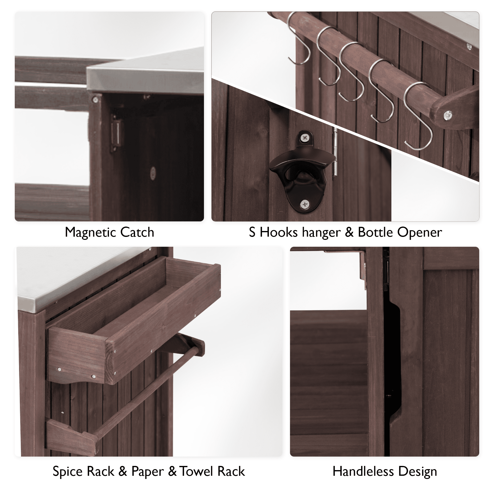 Aukfa 66.5" Outdoor Kitchen Island with Stainless Steel Top, Solid Wood BBQ Grill Cart for Big Green Egg,Dark Brown