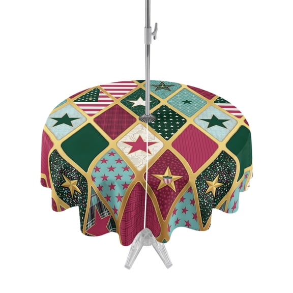 Outdoor Tablecloth with Umbrella Hole Zipper 250 Anniversary Round Tablecloth 54" Waterproof Outside Table Cloth 4th of July Stars Striped Green Geometric Patio Table Cover Tablecloths for Picnic