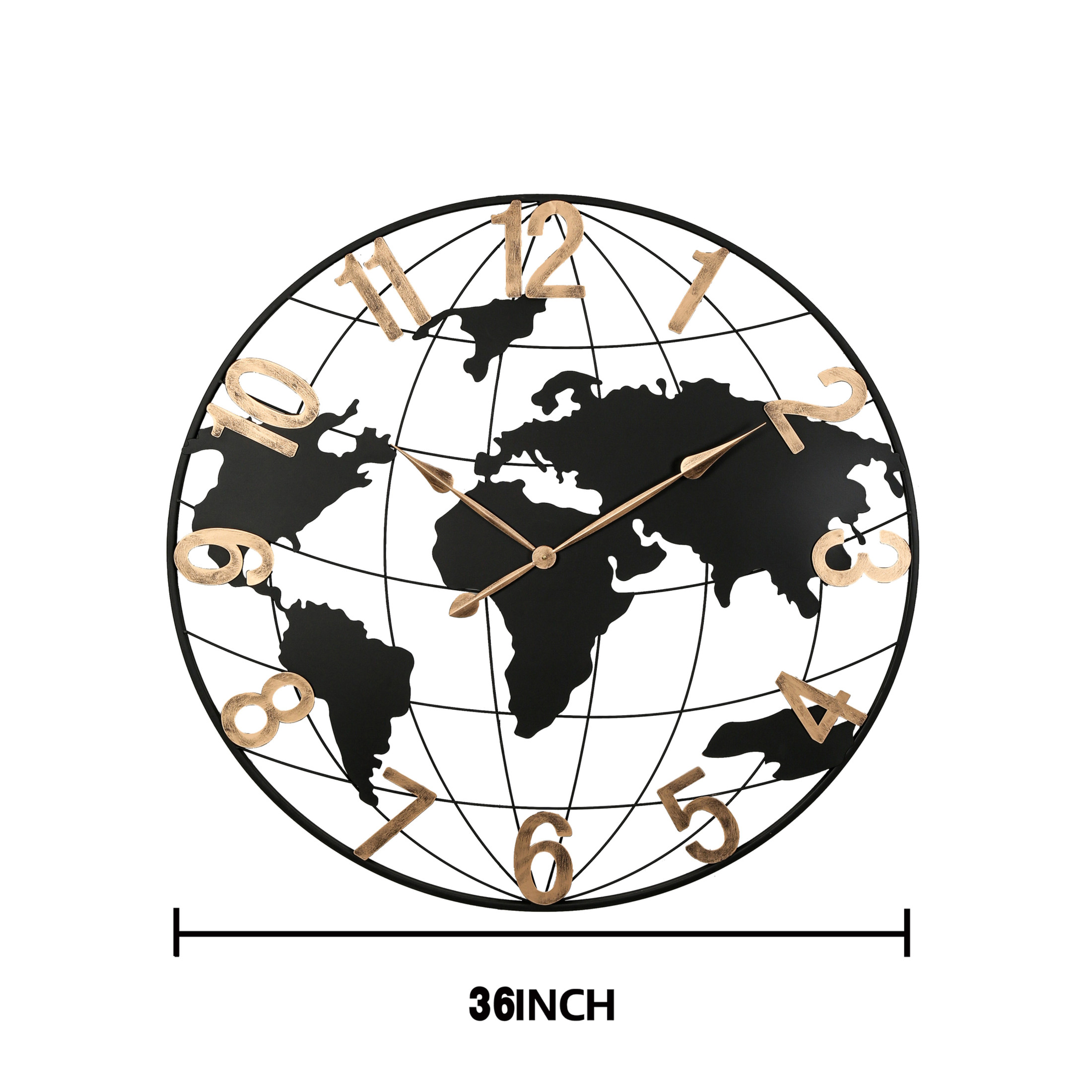 Noble House Large Black Metal World Map Wall Clock, Silent Design with Vintage Gold Arabic Numerals, Modern Decorative Clock, Black + Gold