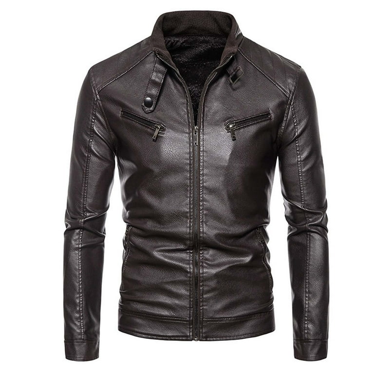 Ssaavkuy Winter Stylish Mens Autumn Winter Long Sleeve Leather Motorcycle Jacket Zip Up Coat Long Sleeve Hoodless Faux Leather Outwear Jackets Coffee