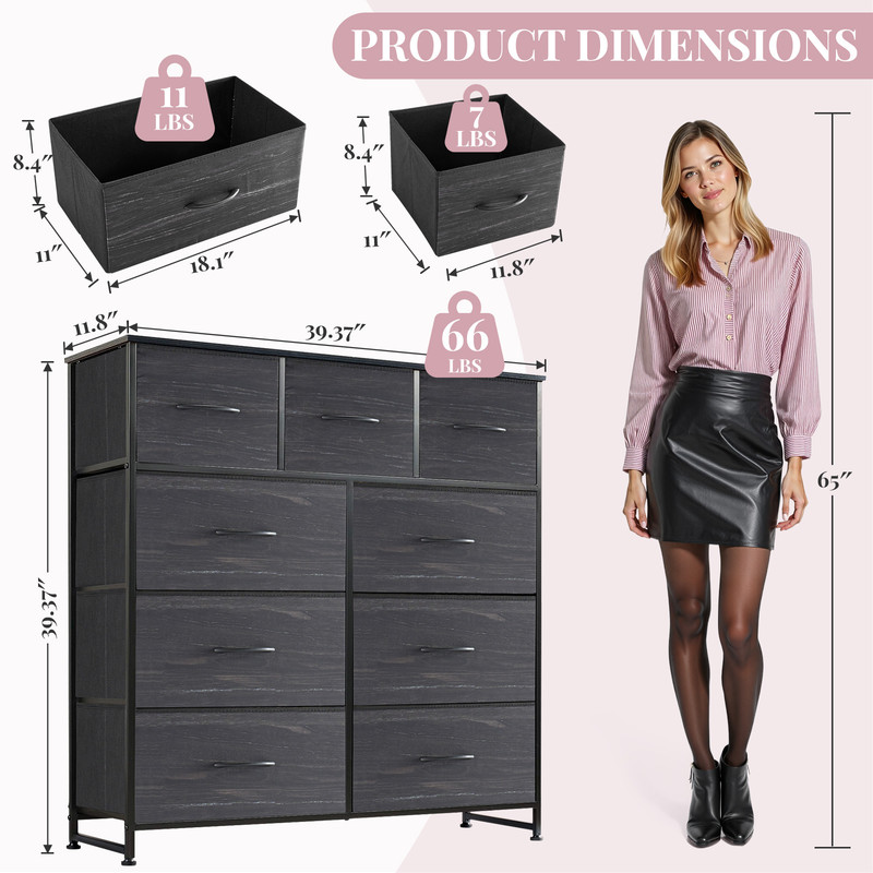9 Drawers Dresser, Storage Dresser Organizer with Drawers, Chest of Drawers, Dresser with Metal Frame and Wood Tabletop for Bedroom, Guest Room, Closet, Entryway, Nursery, Black
