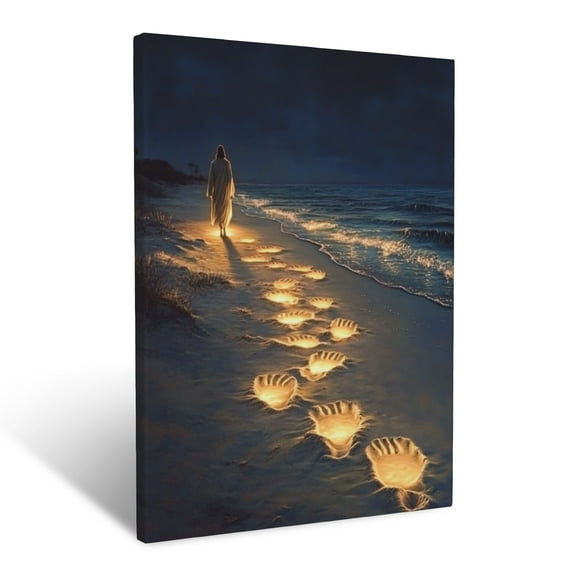 CozyNet Jesus Walking Along A Glowing Beach, His Footprints Leaving Radiant Impressions In The Sand Wall Art Prints With Frame Canvas Perfect for Living Room & Bedroom, Wall Decor 12"x16"