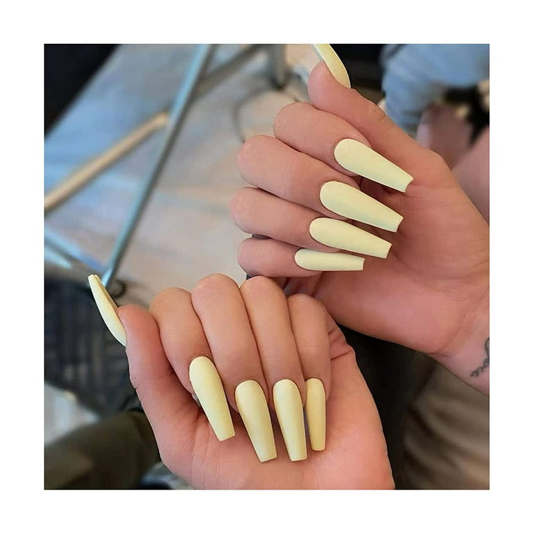 Press on Nails Long Color Gel Fake Nail, Solid Color Manicure Set Including  Jelly Glue, Nail File, Cuticle Stick, 24 Pcs. (light yellow \u2013 frosted)  