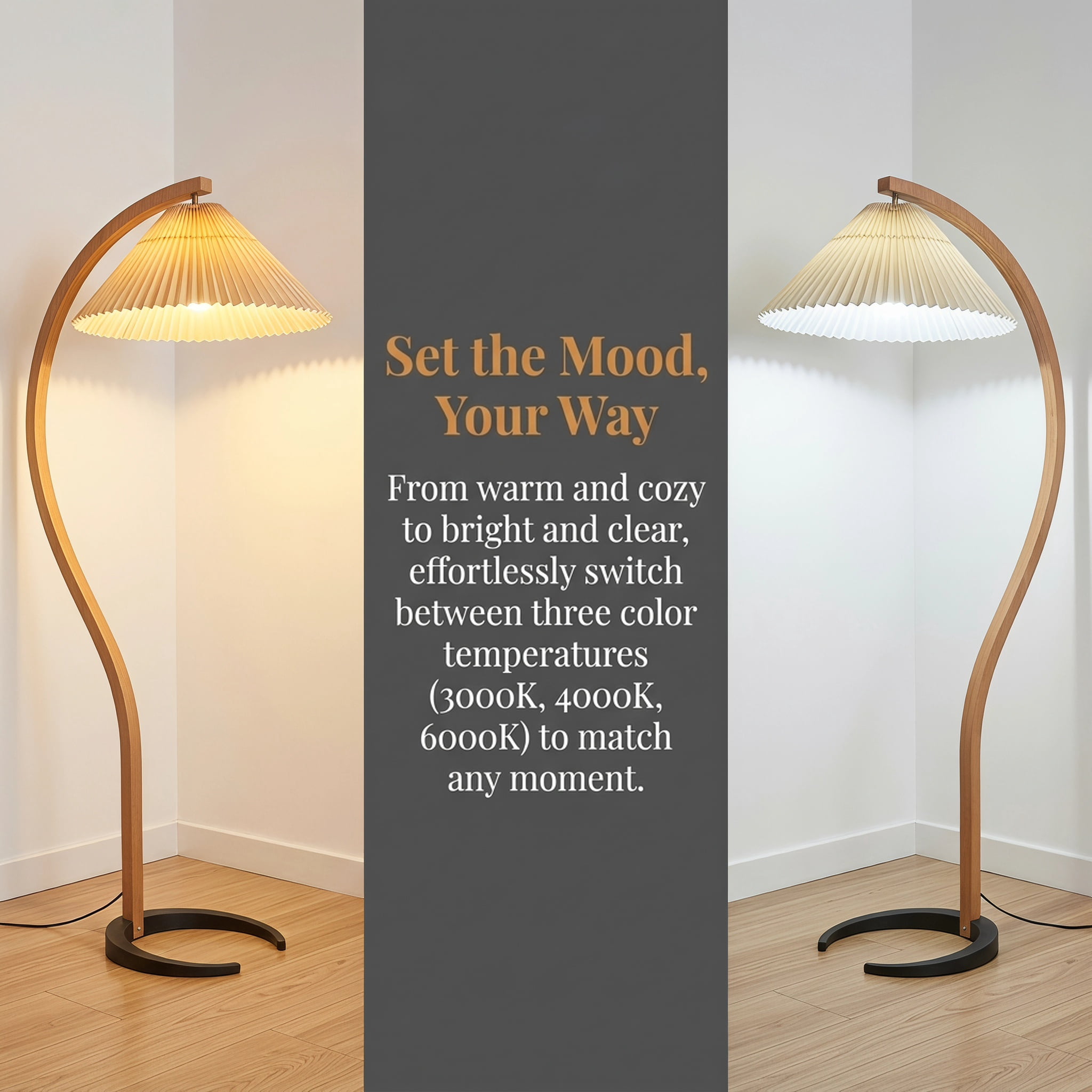 AISWORD Mid Century Curved Arc Floor Lamp with Pleated Fabric Shade, Solid Bentwood S-Shape Standing Reading Light with Heavy Base, Beige