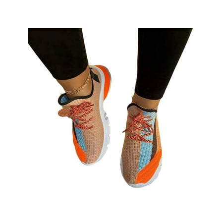 

Fangasis Womens Trainers Slip On Sneakers Comfort Running Shoes Women Walking Shoe Sports Breathable Lace Up Flats Orange US 8