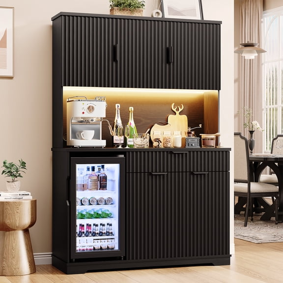 BROTTAR 69" Kitchen Pantry with Fridge (Fridge Included), Fluted Coffee Bar Cabinet with LED Lights & Power Outlets, Wine Bar Cabinet with Drawer & Storage Hutch for Living Room, Dining Room, Black