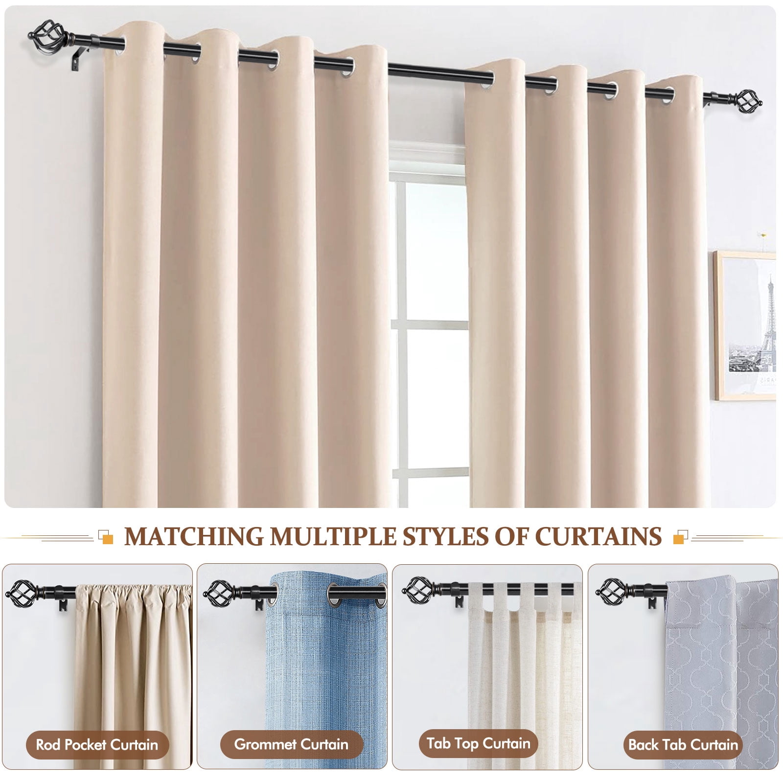 KAMANINA 3/4" Adjustable Single Curtain Rod with Twist Cage Finial, 28 - 48", Black