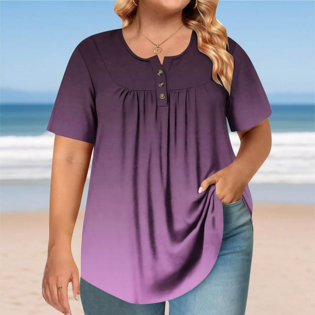 Hauts Grande Taille pour Femmes, T-Shirt Ombré Plissé, Blouse Décontractée Extensible à Manches Courtes, T-Shirt à Col Rond Confortable (心词:Hauts Grande Taille, T-Shirt Plissé)