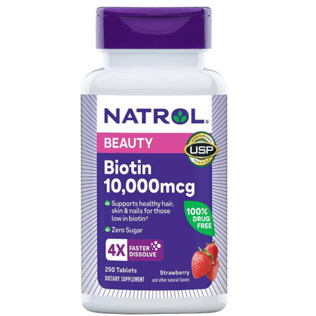 Natrol Biotin 10000 mcg, Strawberry Flavor, Fast Dissolve Tablets, Extra Strength, 250 Count