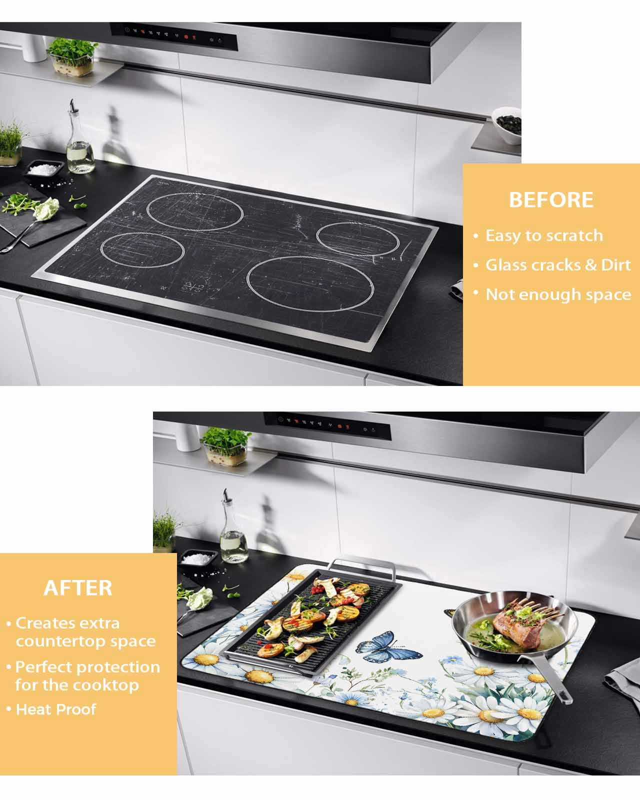 nqOlkjepod Large Induction Cooktop Protector Mat 36"x21", Butterfly Spring Floral Stove Top Covers for Electric Stove, Daisy Flowers Botanical Country Stove Burner Cover Mats, Glass Top Stove Cover