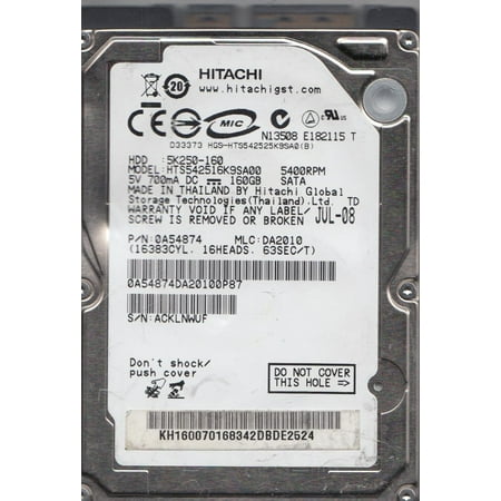 160 Gb Kit - HTS542516K9SA00, PN 0A54874, MLC DA2010, Hitachi 160GB SATA 2.5 Hard Drive