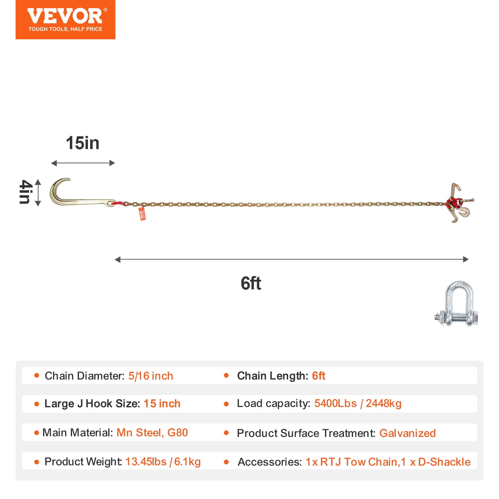 VEVOR J Hook Chain, 5/16" x 6' G80 15" Long Shank J Hook Tow Chain with RTJ Cluster Hook & Grab Hook, 5400 lbs Safe Working Load, Heavy Duty Transport Truck Chain for Wrecker Recovery Trailer Towing