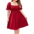thumbnail image 2 of Plus Size Women Casual Dress Square Neck Puff Sleeve Smocked Waist Flowy Short Dress for Vacation Wine Red L, 2 of 10