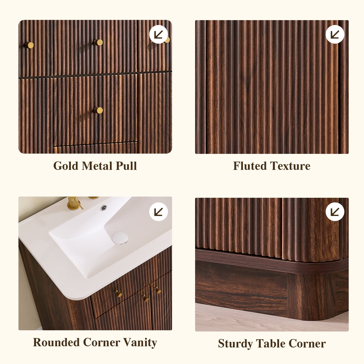 Keywhat 48" Bathroom Vanity with Sink, Modern Fluted Vanity with 2 Drawers & Storage Cabinet, Quick Assembly, Dark Walnut