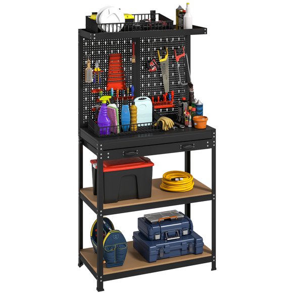 HOMCOM 31.5" Metal Workbench with Pegboard w/ Hanging Kits Shelves Drawer