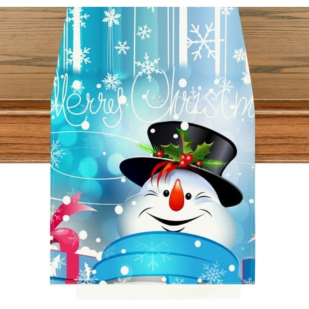 

Christmas Table Runner - Blue Christmas Snowman Snowflake Cotton Linen Winter Holiday Kitchen Dining Table Runner for Indoor & Outdoor 72 × 13 Inch