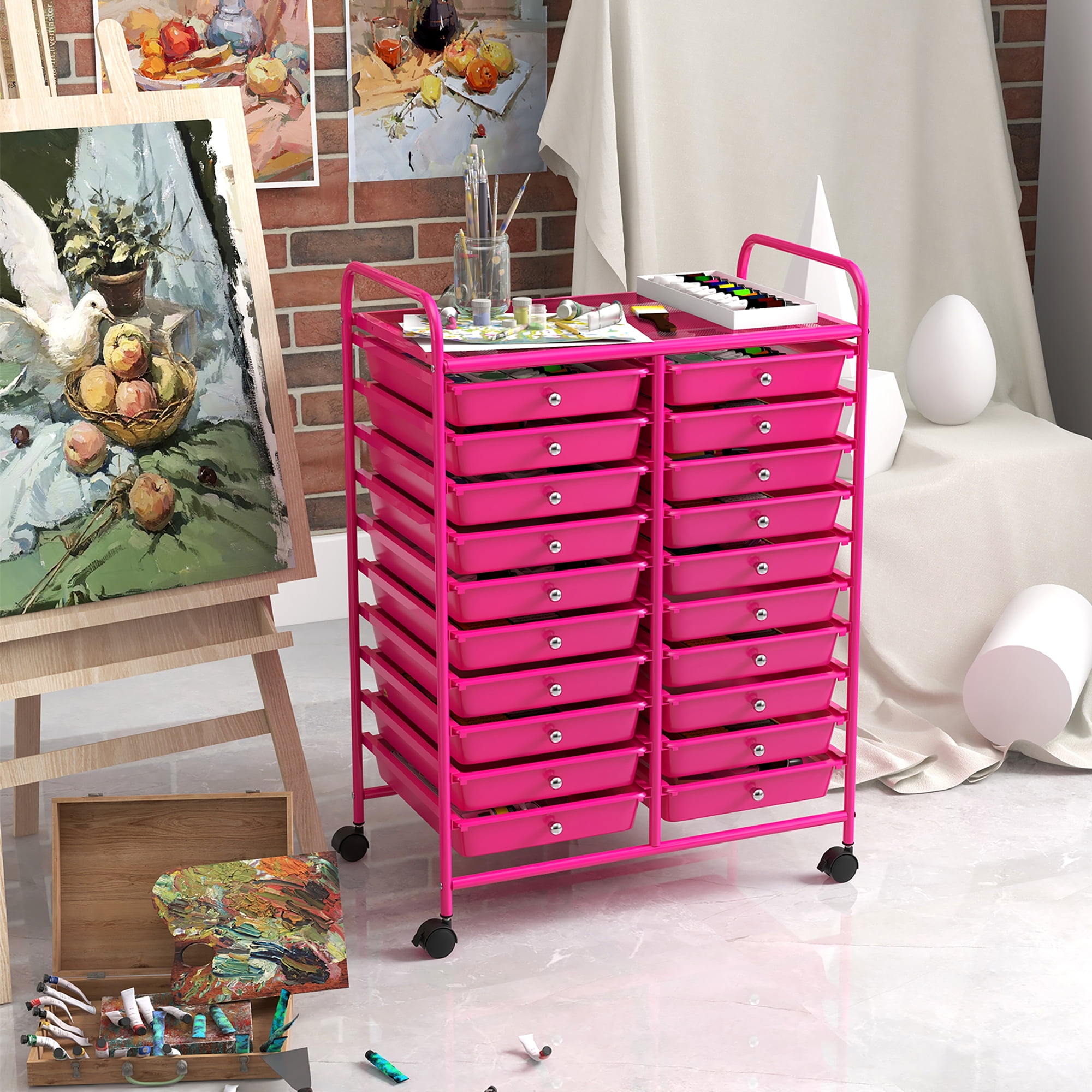 Gymax Rolling Storage Cart Art Craft Organizer on Wheels Multipurpose 20 Drawers Hot Pink